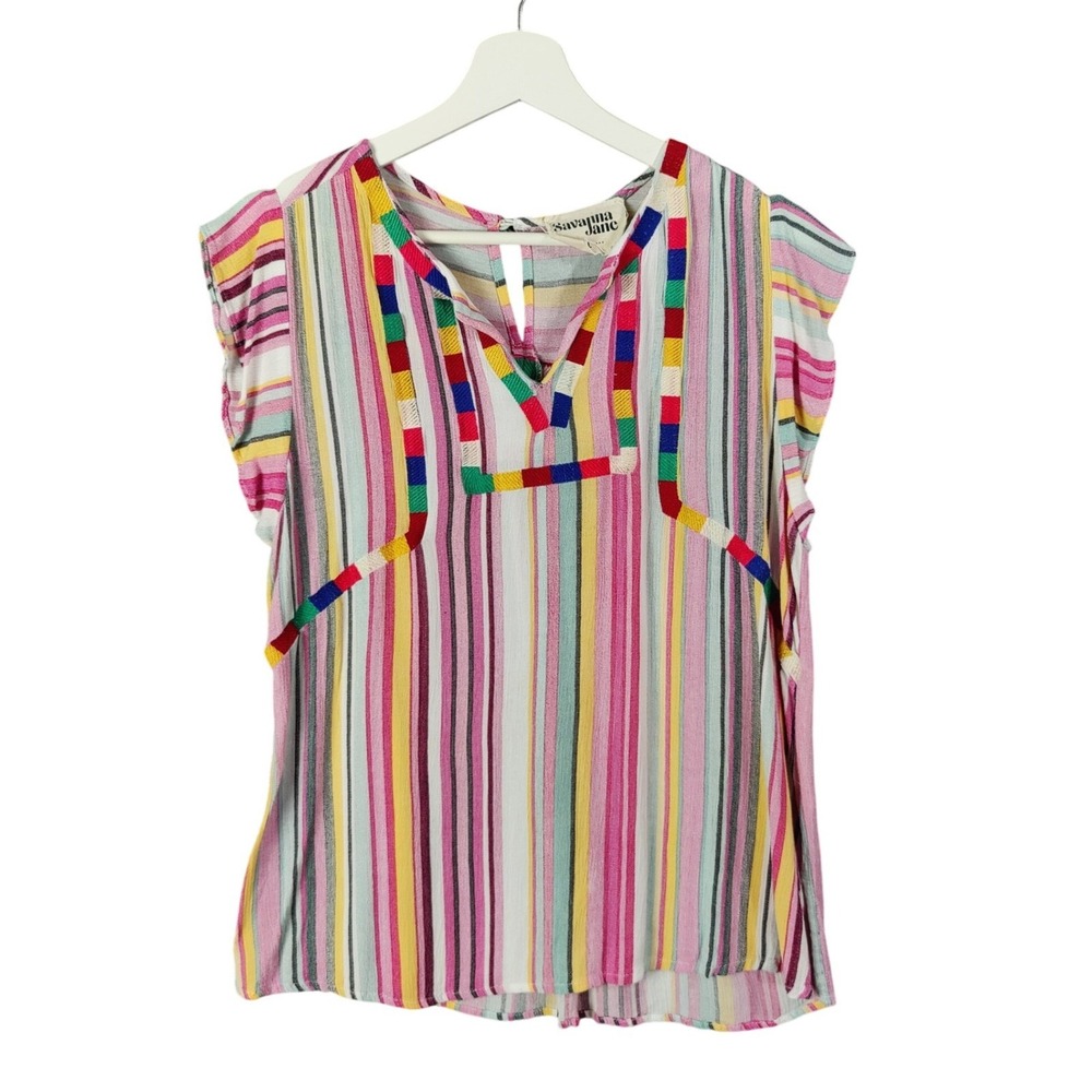 Savanna Jane Womens Rainbow Folk Festival Blouse L Top Pink Striped Cap Sleeve